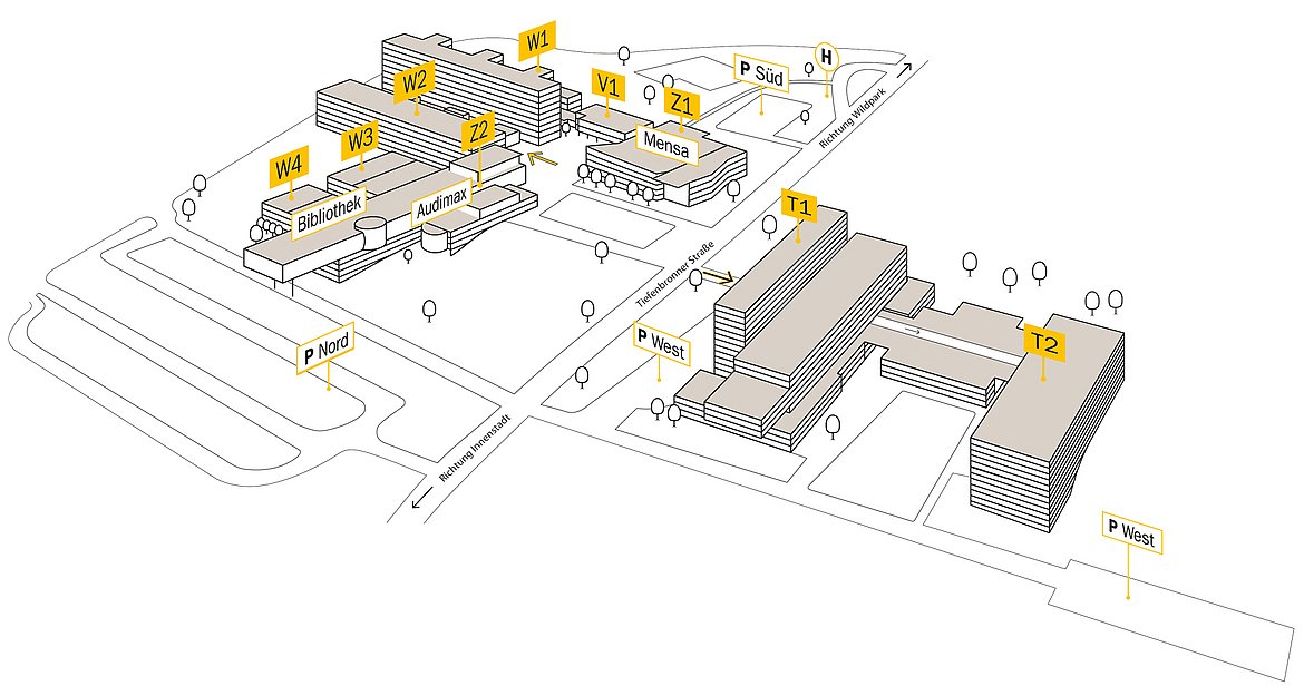 Zu sehen ist ein dreidimensionaler Campusplan der Pforzheimer Hochschule.