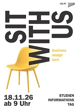 Plakat Sit with us zum Studieninfotag mit einer Stuhlgrafik